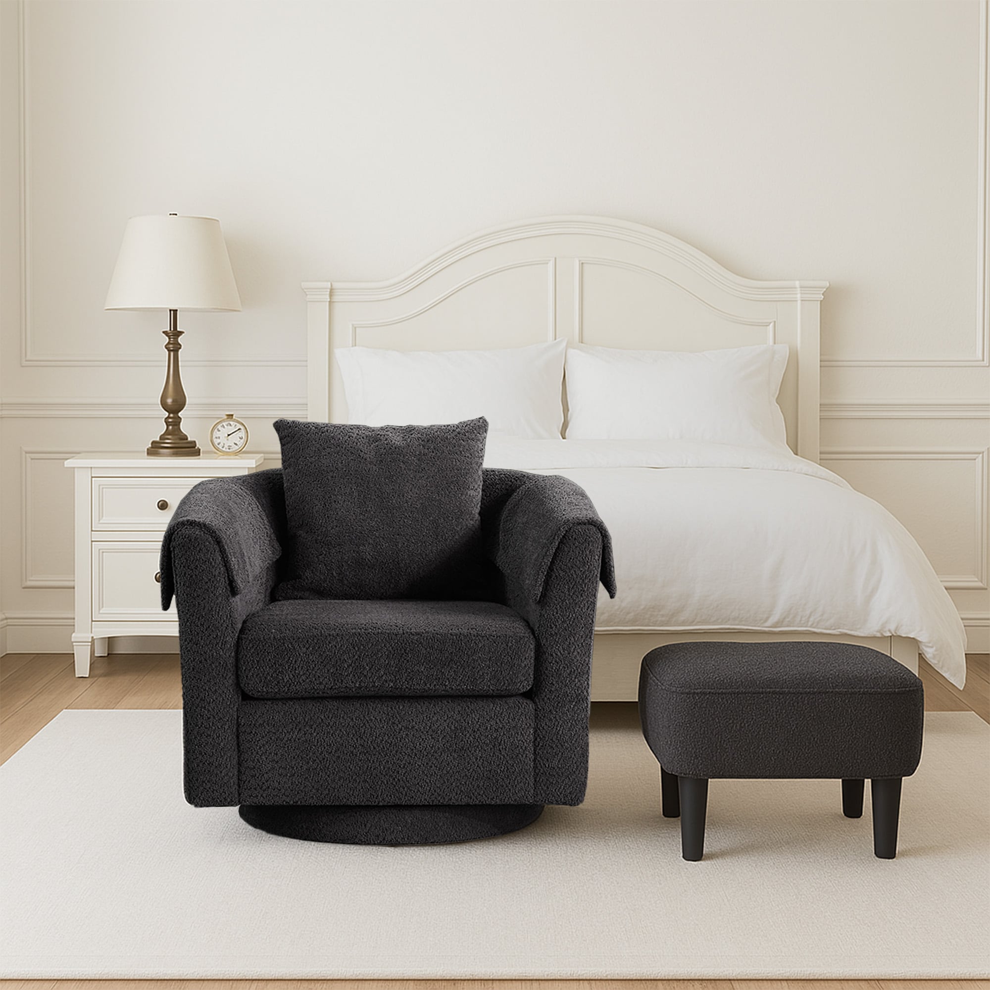 Swivel Accent Chair With Ottoman Set, Modern Chenille Barrel Armchair With Removable Back Pillow & 2 Armrest Covers For Living Room, Bedroom, Office, Black_voghion.com